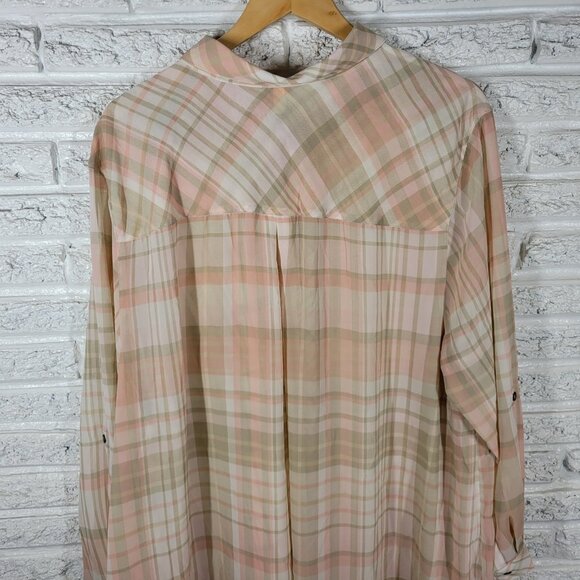 Catherines Womens Dress 3X Plus Button Up Pink Tan Plaid Sheer PLA10E - Picture 6 of 10